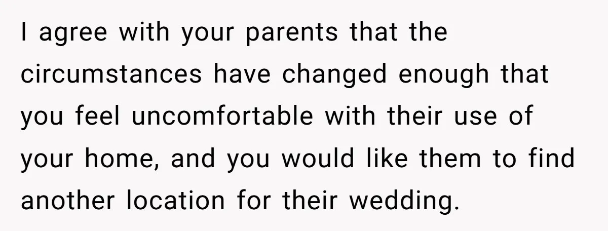 I agree with your parents that the circumstances have changed enough that you feel uncomfortable with their use of your home, and you would like them to find another location...