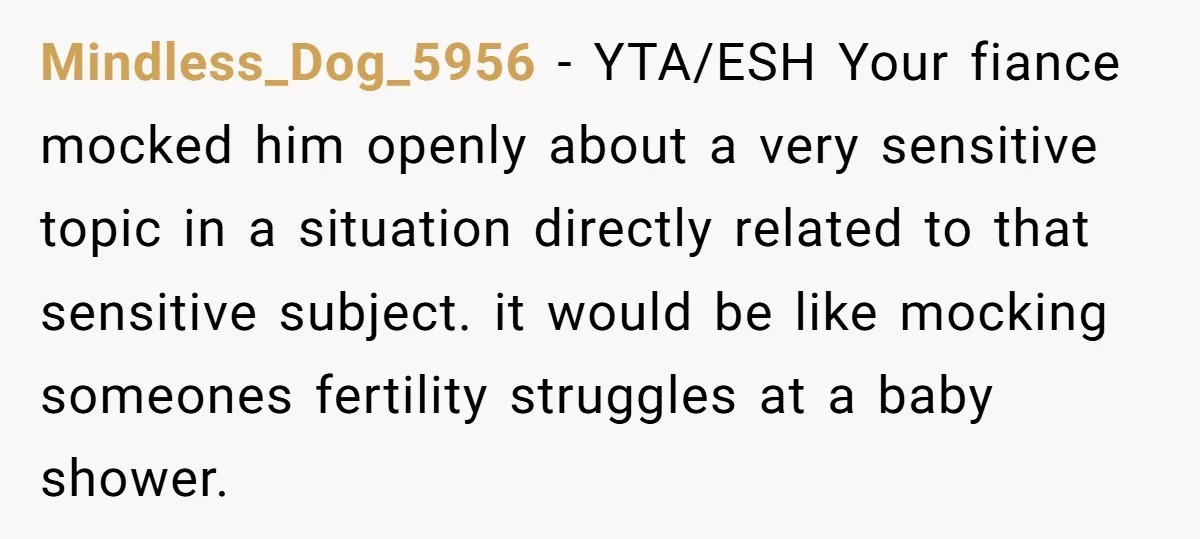 Mindless_Dog_5956 - YTA/ESH Your fiance mocked him openly about a very sensitive topic in a situation directly related to that sensitive subject. it would be like mocking someones fertility struggles...