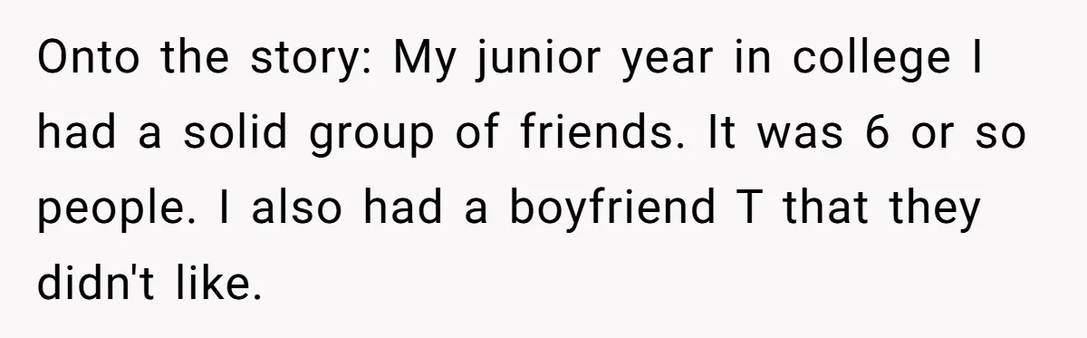 Onto the story: My junior year in college I had a solid group of friends. It was 6 or so people. I also had a boyfriend T that they didn't...