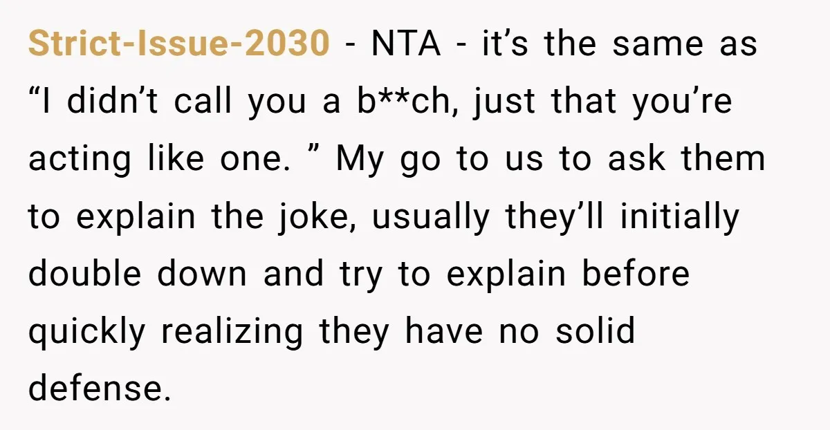 Strict-Issue-2030 − NTA - it’s the same as “I didn’t call you a b**ch, just that you’re acting like one. ” My go to us to ask them to explain...