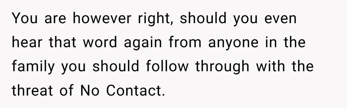 You are however right, should you even hear that word again from anyone in the family you should follow through with the threat of No Contact.