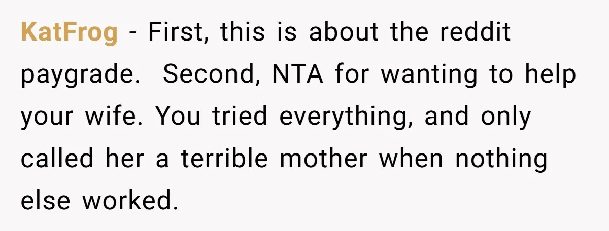 KatFrog − First, this is about the reddit paygrade. ​ Second, NTA for wanting to help your wife. You tried everything, and only called her a terrible mother when nothing...