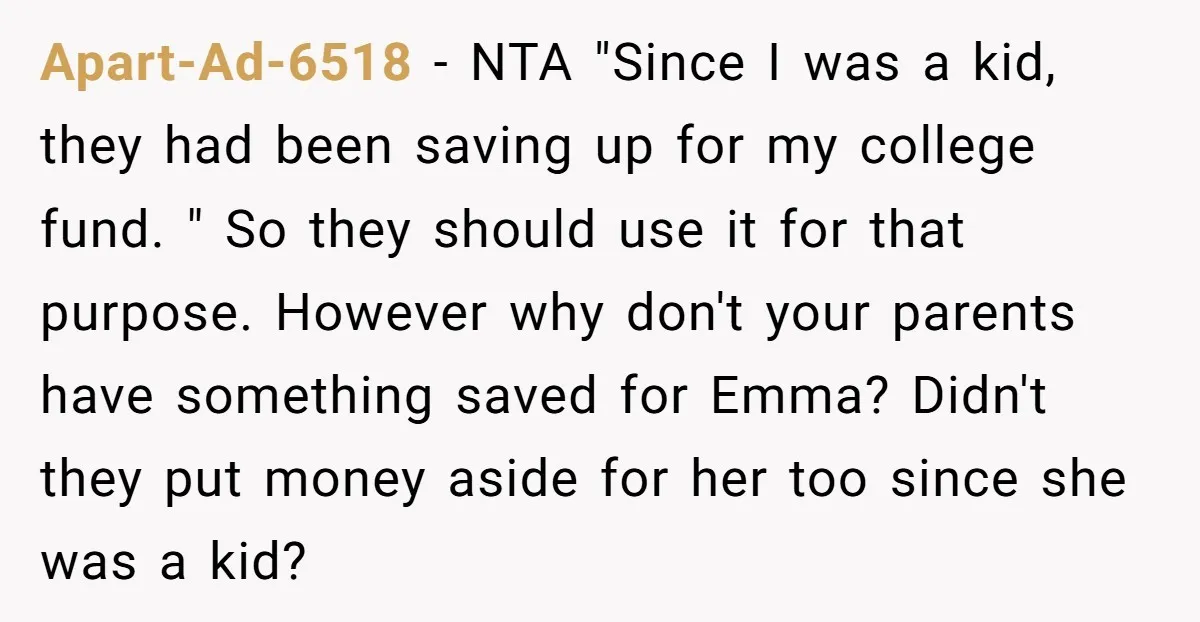 Apart-Ad-6518 − NTA "Since I was a kid, they had been saving up for my college fund. " So they should use it for that purpose. However why don't your...