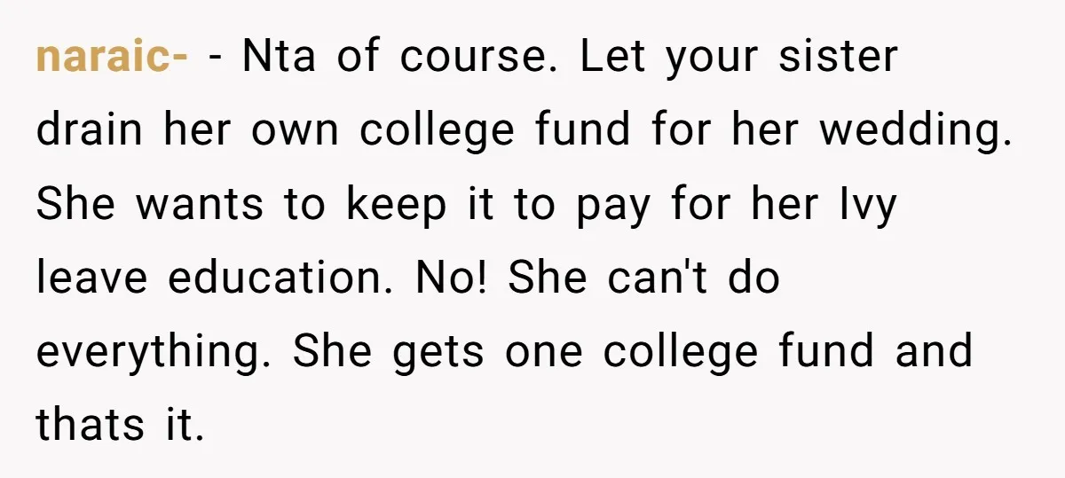 naraic- − Nta of course. Let your sister drain her own college fund for her wedding. She wants to keep it to pay for her Ivy leave education. No! She...