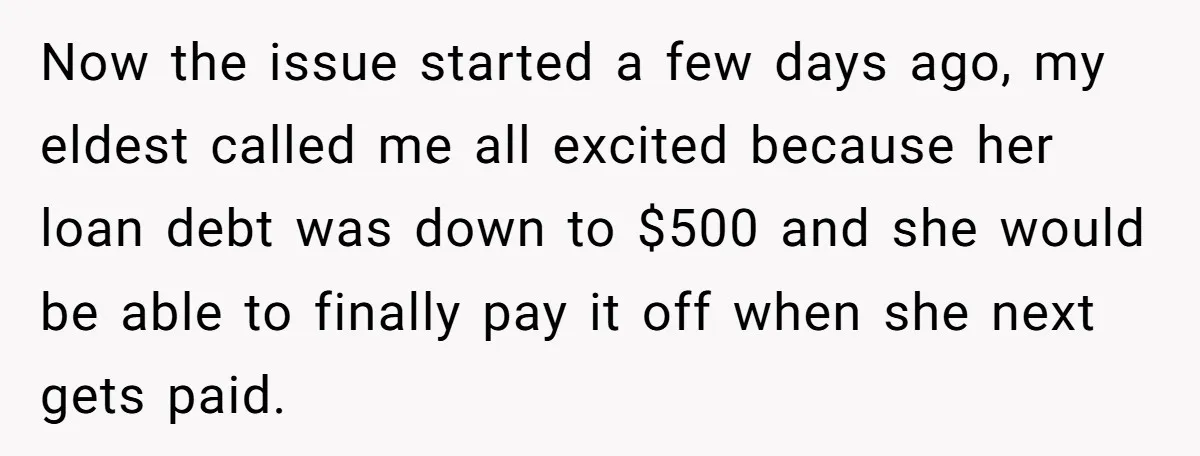 Now the issue started a few days ago, my eldest called me all excited because her loan debt was down to $500 and she would be able to finally pay...
