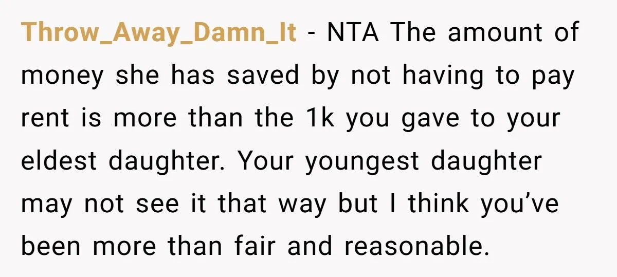 Throw_Away_Damn_It − NTA The amount of money she has saved by not having to pay rent is more than the 1k you gave to your eldest daughter. Your youngest daughter...