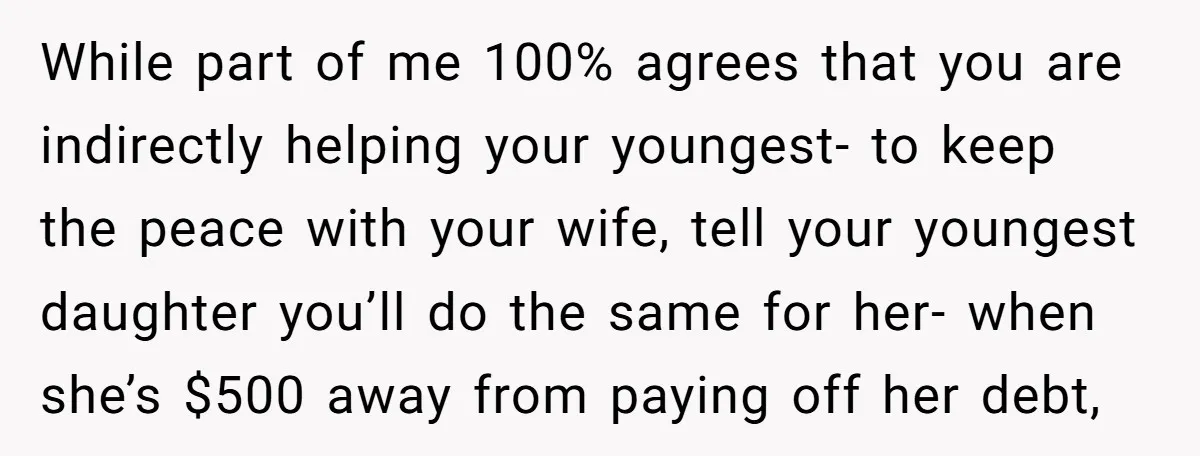While part of me 100% agrees that you are indirectly helping your youngest- to keep the peace with your wife, tell your youngest daughter you’ll do the same for her-...