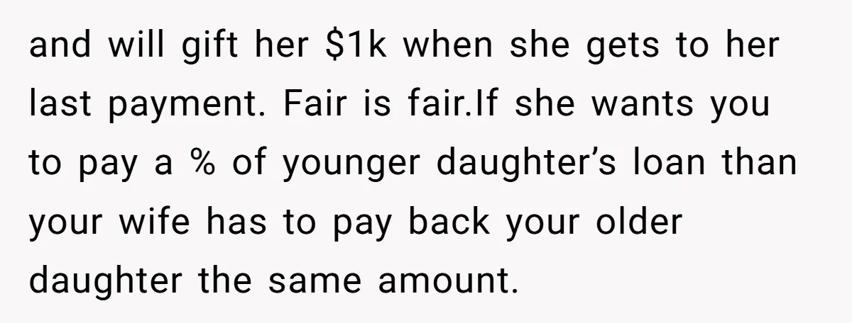 and will gift her $1k when she gets to her last payment. Fair is fair.If she wants you to pay a % of younger daughter’s loan than your wife has...