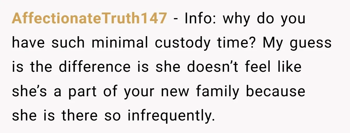 AffectionateTruth147 − Info: why do you have such minimal custody time? My guess is the difference is she doesn’t feel like she’s a part of your new family because she...