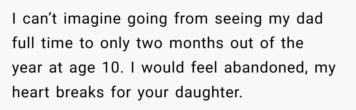 I can’t imagine going from seeing my dad full time to only two months out of the year at age 10. I would feel abandoned, my heart breaks for your...