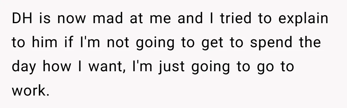 DH is now mad at me and I tried to explain to him if I'm not going to get to spend the day how I want, I'm just going to...