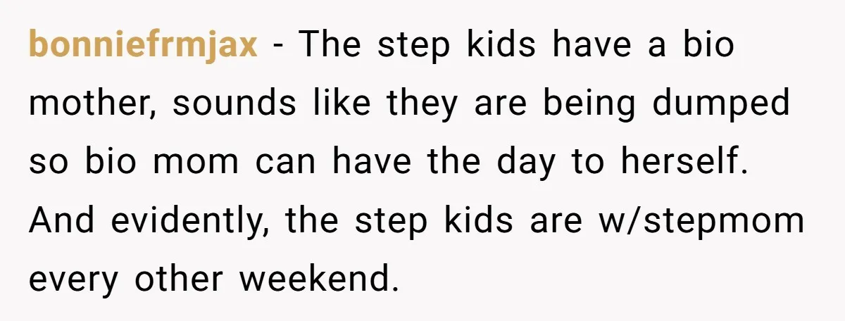 bonniefrmjax − The step kids have a bio mother, sounds like they are being dumped so bio mom can have the day to herself. And evidently, the step kids are...