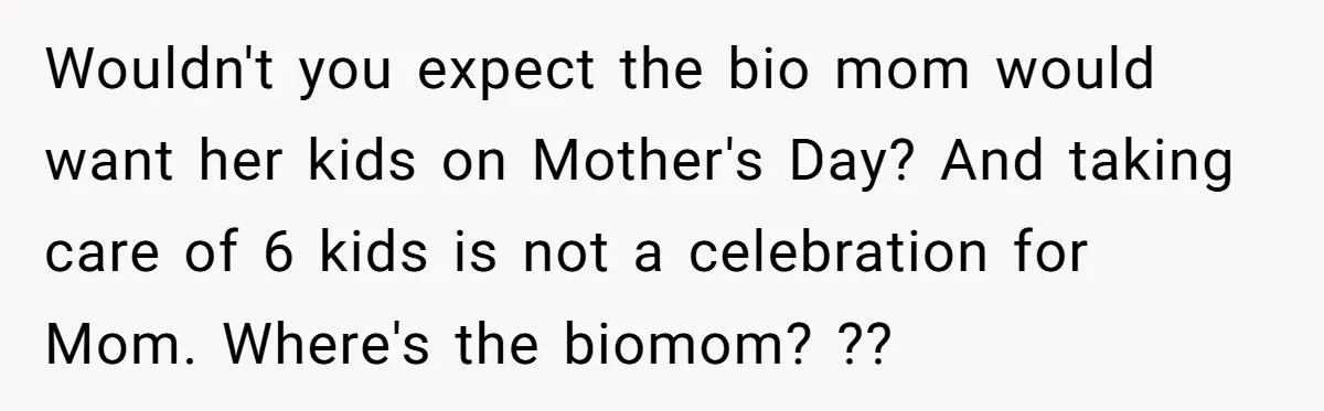 Wouldn't you expect the bio mom would want her kids on Mother's Day? And taking care of 6 kids is not a celebration for Mom. Where's the biomom? ??