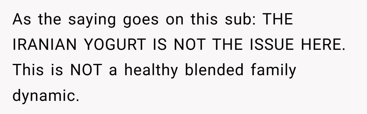 As the saying goes on this sub: THE IRANIAN YOGURT IS NOT THE ISSUE HERE. This is NOT a healthy blended family dynamic.