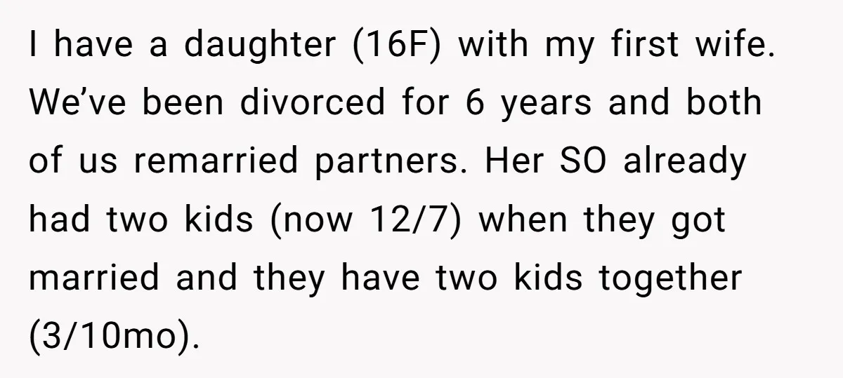 I have a daughter (16F) with my first wife. We’ve been divorced for 6 years and both of us remarried partners. Her SO already had two kids (now 12/7) when...
