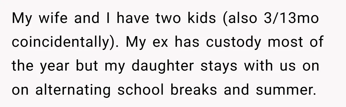 My wife and I have two kids (also 3/13mo coincidentally). My ex has custody most of the year but my daughter stays with us on on alternating school breaks and...