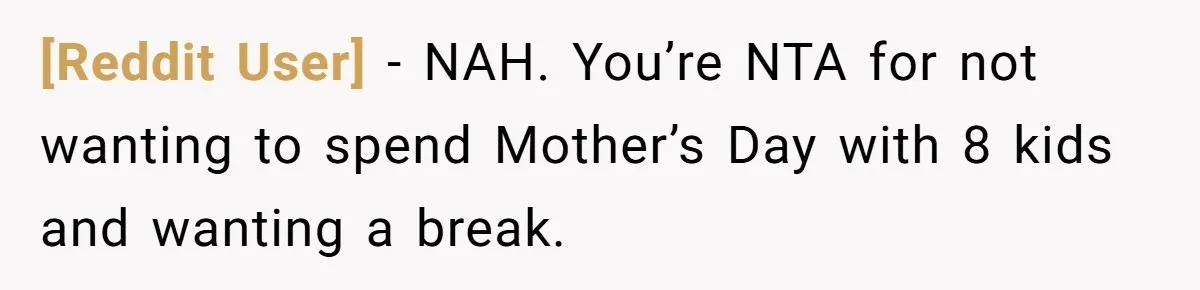 [Reddit User] − NAH. You’re NTA for not wanting to spend Mother’s Day with 8 kids and wanting a break.
