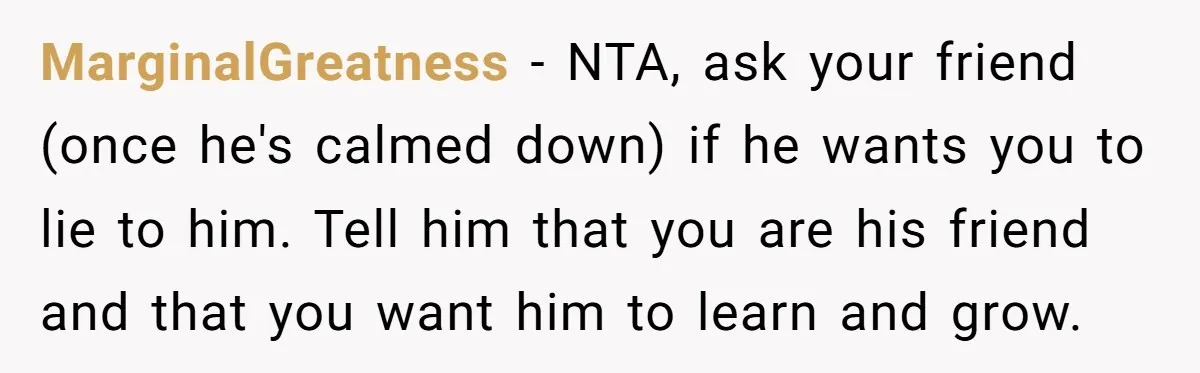 MarginalGreatness − NTA, ask your friend (once he's calmed down) if he wants you to lie to him. Tell him that you are his friend and that you want him...