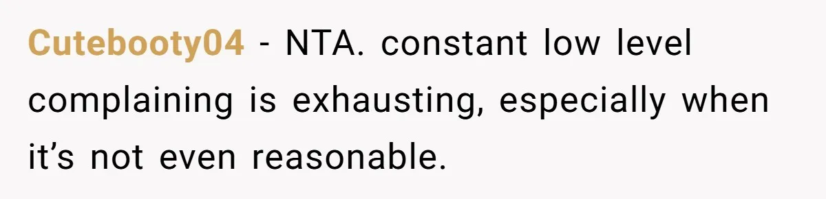 Cutebooty04 − NTA. constant low level complaining is exhausting, especially when it’s not even reasonable.