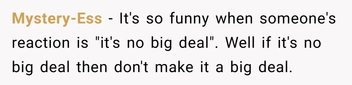 Mystery-Ess − It's so funny when someone's reaction is "it's no big deal". Well if it's no big deal then don't make it a big deal.