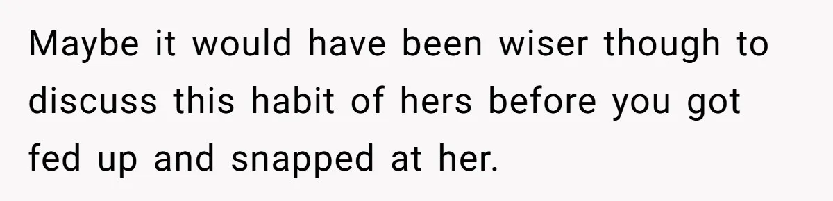 Maybe it would have been wiser though to discuss this habit of hers before you got fed up and snapped at her.