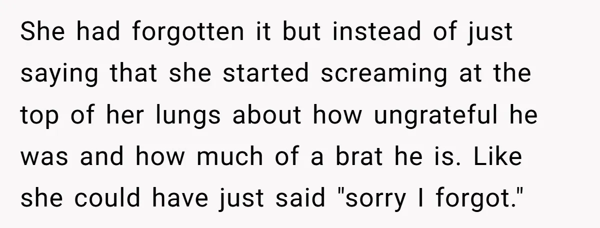 She had forgotten it but instead of just saying that she started screaming at the top of her lungs about how ungrateful he was and how much of a brat...