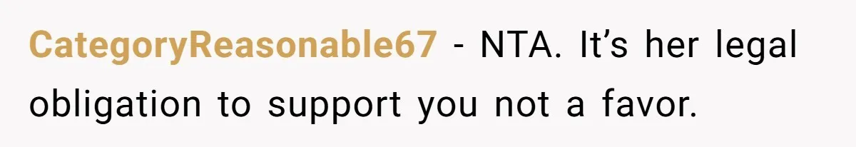 CategoryReasonable67 − NTA. It’s her legal obligation to support you not a favor.