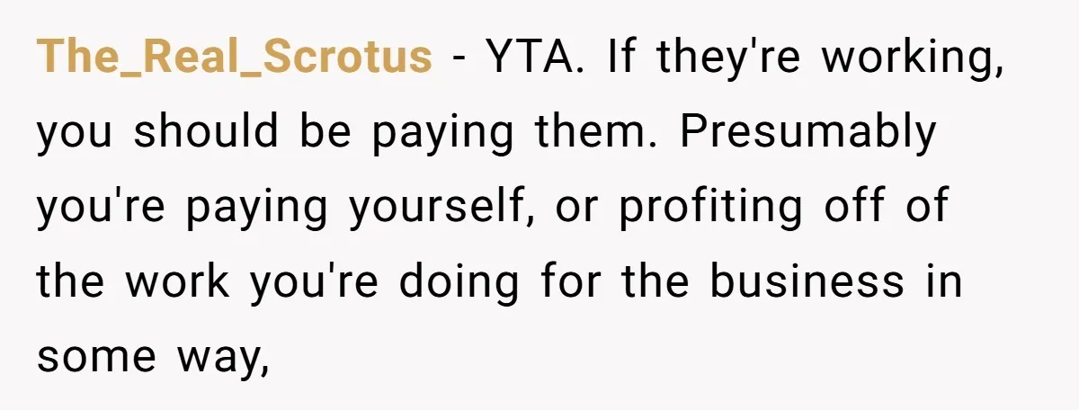 The_Real_Scrotus − YTA. If they're working, you should be paying them. Presumably you're paying yourself, or profiting off of the work you're doing for the business in some way,
