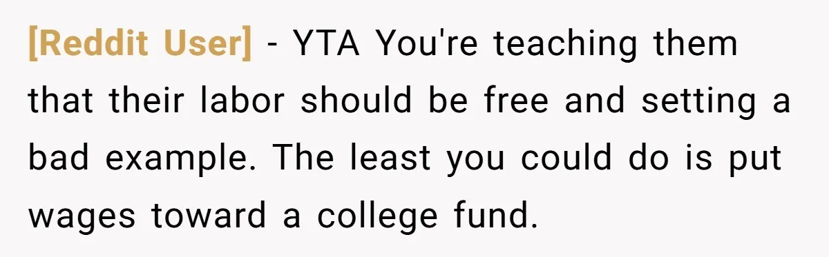 [Reddit User] − YTA You're teaching them that their labor should be free and setting a bad example. The least you could do is put wages toward a college fund.