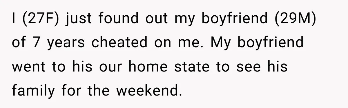 I (27F) just found out my boyfriend (29M) of 7 years cheated on me. My boyfriend went to his our home state to see his family for the weekend.