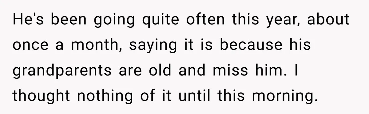 He's been going quite often this year, about once a month, saying it is because his grandparents are old and miss him. I thought nothing of it until this morning.