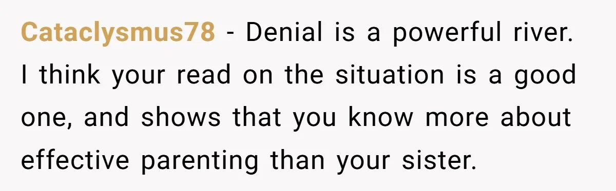 Cataclysmus78 − Denial is a powerful river. I think your read on the situation is a good one, and shows that you know more about effective parenting than your sister.