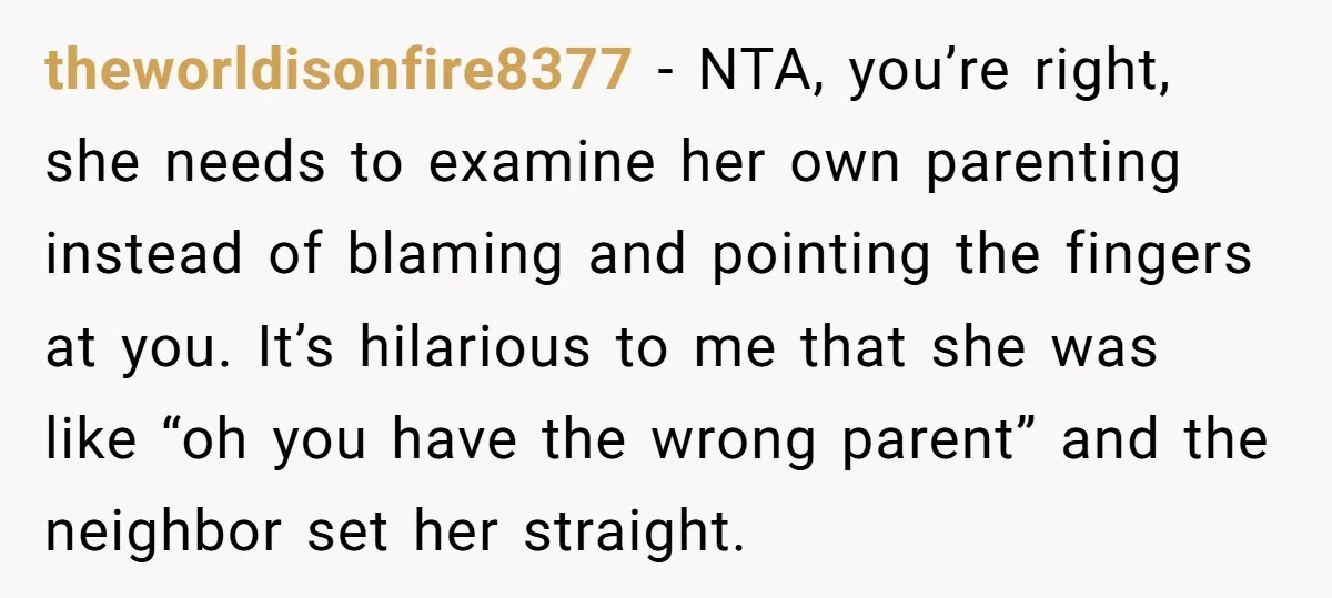 theworldisonfire8377 − NTA, you’re right, she needs to examine her own parenting instead of blaming and pointing the fingers at you. It’s hilarious to me that she was like “oh...