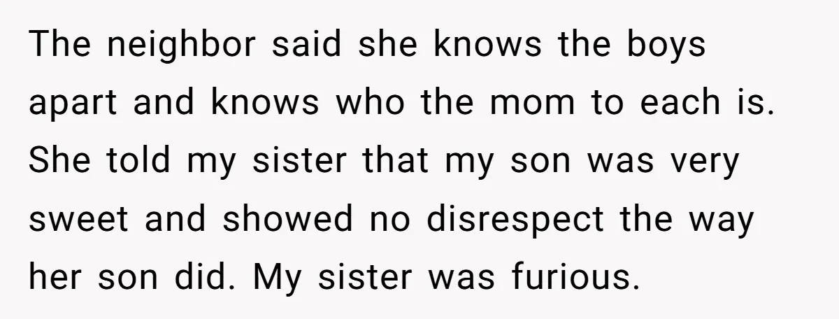 The neighbor said she knows the boys apart and knows who the mom to each is. She told my sister that my son was very sweet and showed no disrespect...