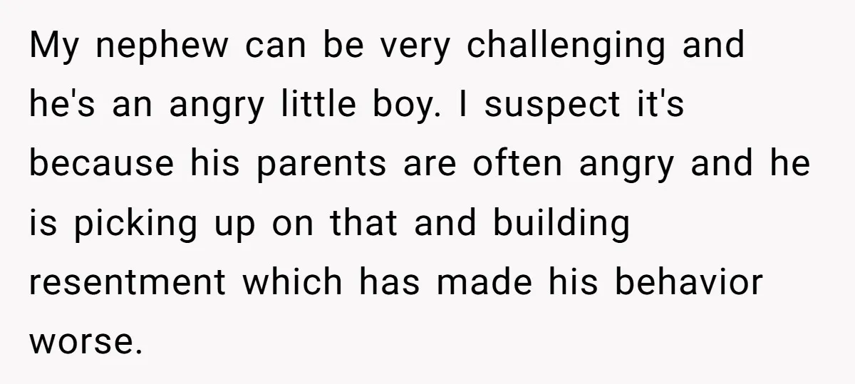 My nephew can be very challenging and he's an angry little boy. I suspect it's because his parents are often angry and he is picking up on that and building...