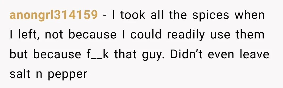 anongrl314159 − I took all the spices when I left, not because I could readily use them but because f__k that guy. Didn’t even leave salt n pepper