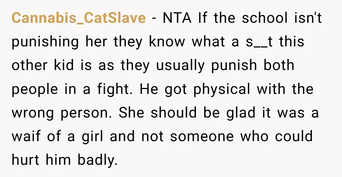 Cannabis_CatSlave - NTA If the school isn't punishing her they know what a s__t this other kid is as they usually punish both people in a fight. He got physical...