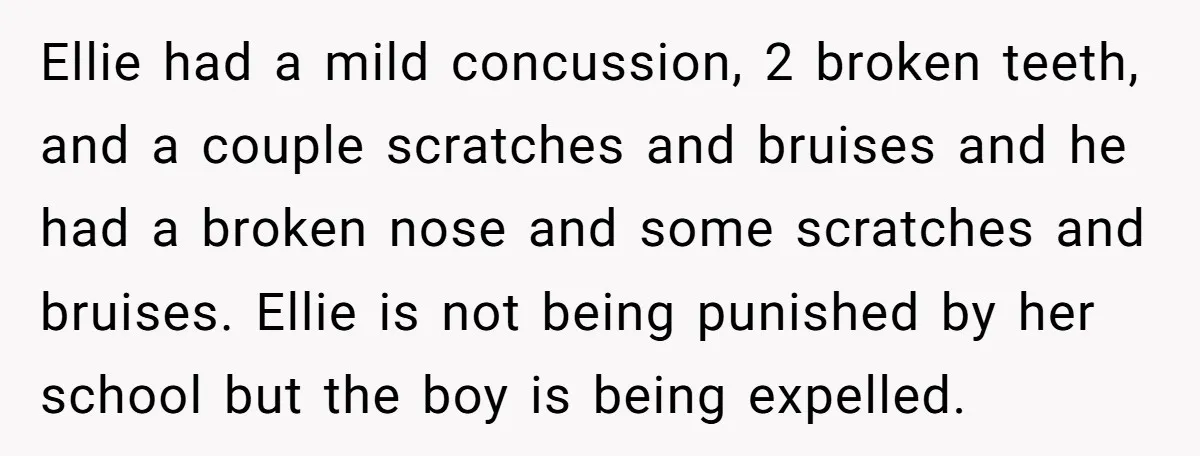 Ellie had a mild concussion, 2 broken teeth, and a couple scratches and bruises and he had a broken nose and some scratches and bruises. Ellie is not being punished...