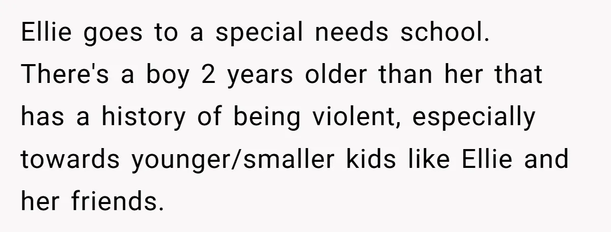 Ellie goes to a special needs school. There's a boy 2 years older than her that has a history of being violent, especially towards younger/smaller kids like Ellie and her...