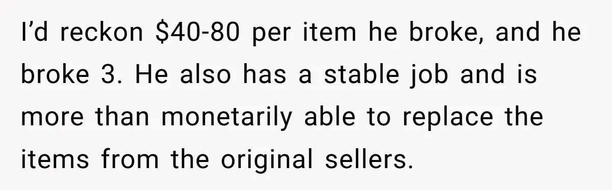 I’d reckon $40-80 per item he broke, and he broke 3. He also has a stable job and is more than monetarily able to replace the items from the original...
