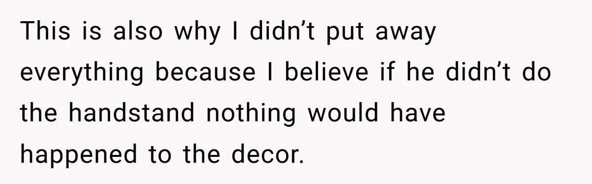 This is also why I didn’t put away everything because I believe if he didn’t do the handstand nothing would have happened to the decor.