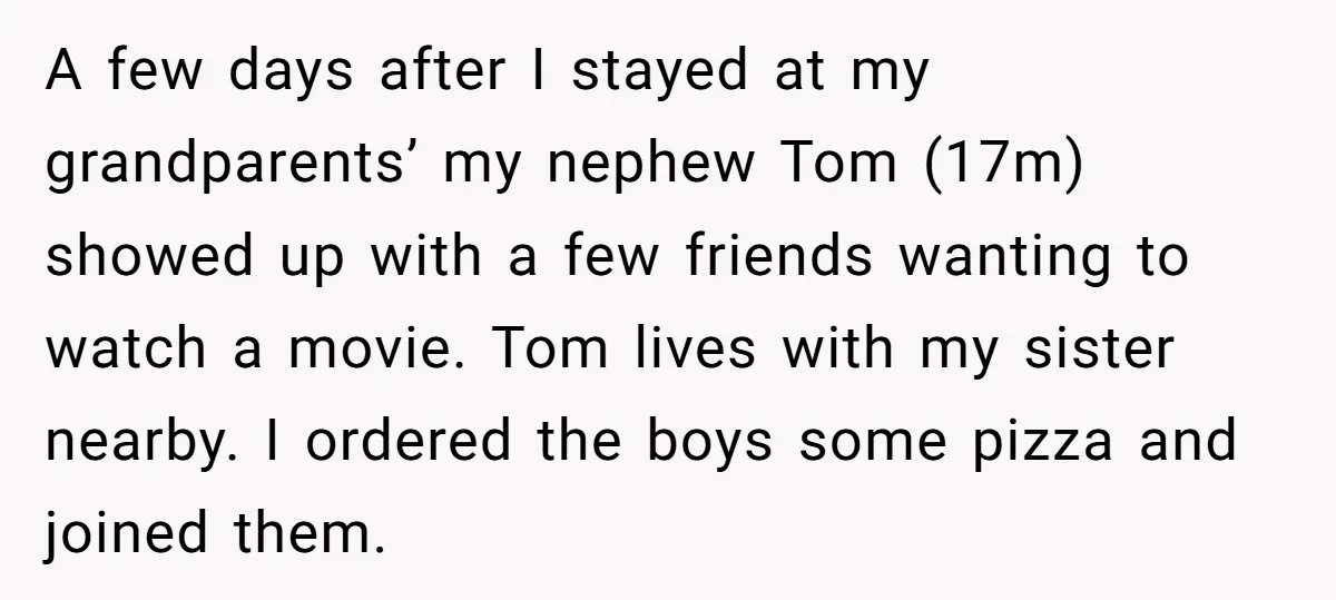 A few days after I stayed at my grandparents’ my nephew Tom (17m) showed up with a few friends wanting to watch a movie. Tom lives with my sister nearby....