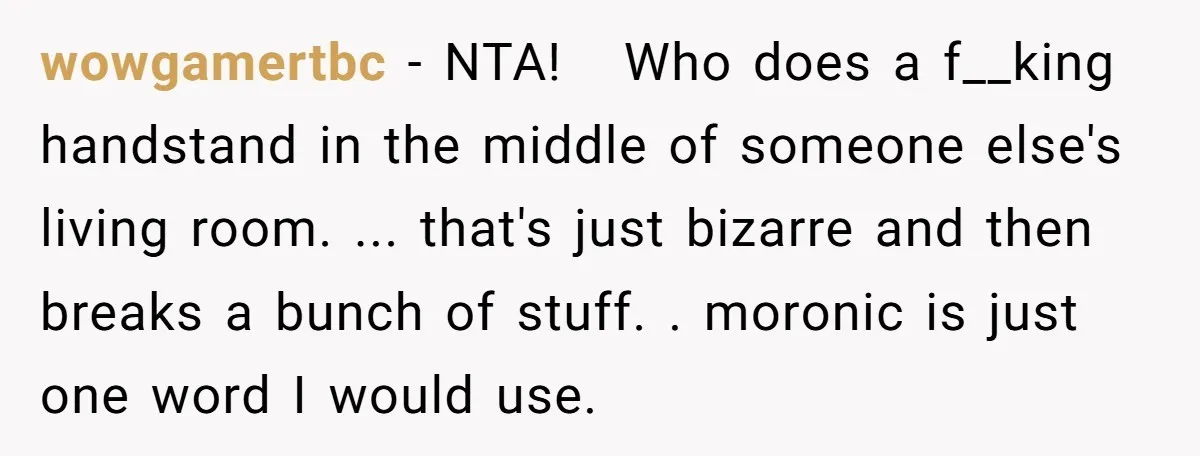 wowgamertbc − NTA! Who does a f__king handstand in the middle of someone else's living room. ... that's just bizarre and then breaks a bunch of stuff. . moronic is...