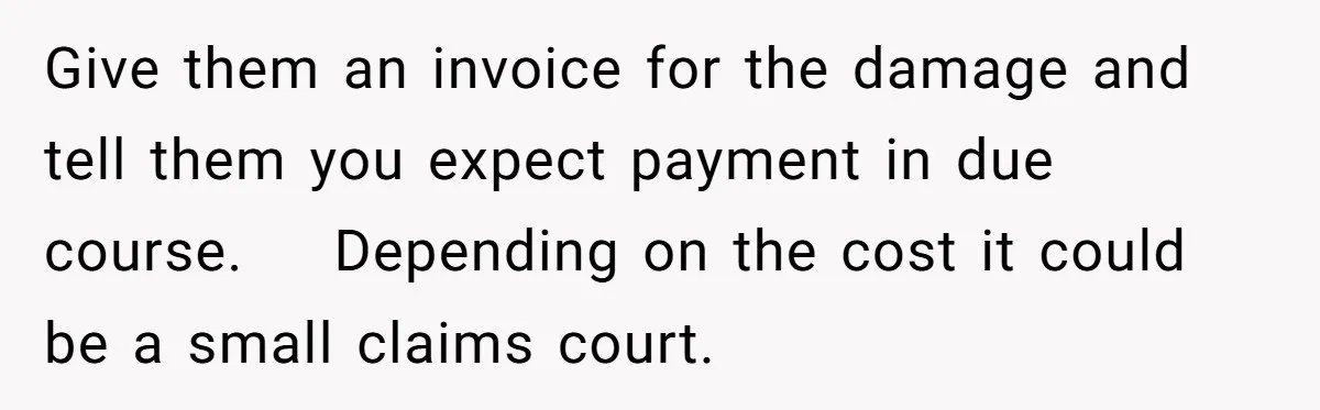 Give them an invoice for the damage and tell them you expect payment in due course.    Depending on the cost it could be a small claims court.