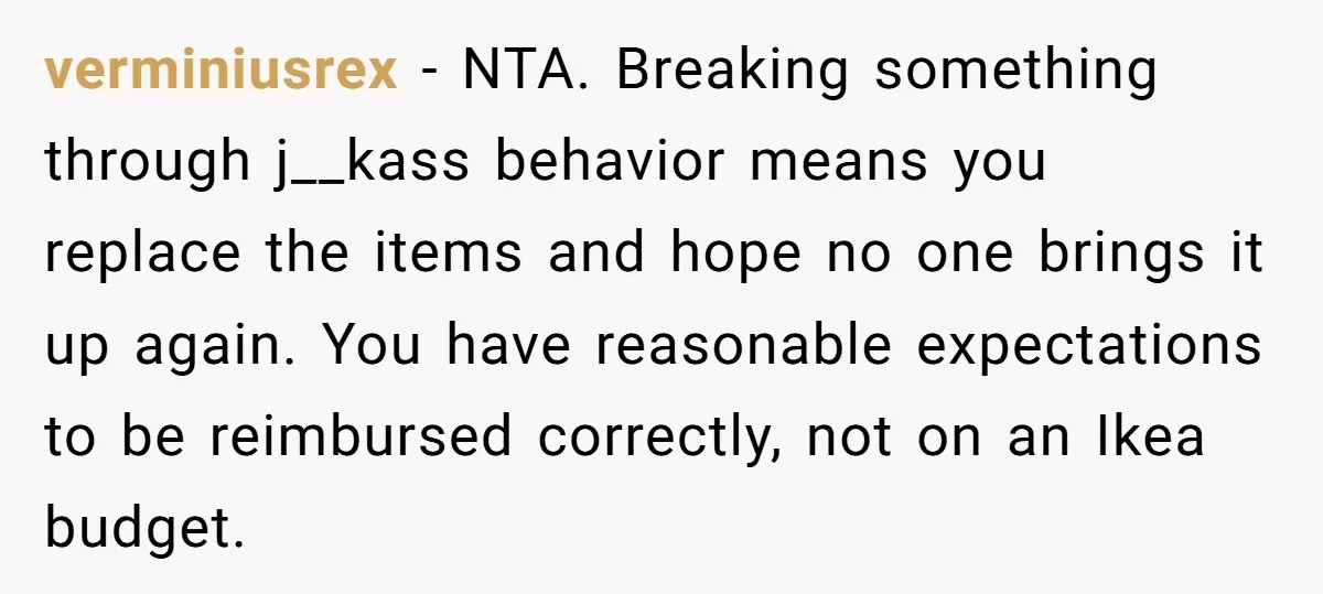 verminiusrex − NTA. Breaking something through j__kass behavior means you replace the items and hope no one brings it up again. You have reasonable expectations to be reimbursed correctly, not...