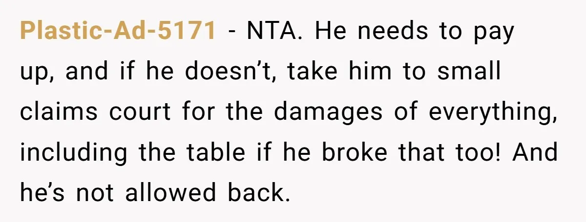 Plastic-Ad-5171 − NTA. He needs to pay up, and if he doesn’t, take him to small claims court for the damages of everything, including the table if he broke that...