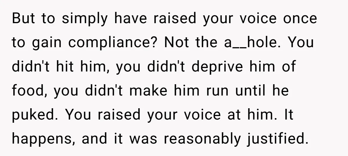 But to simply have raised your voice once to gain compliance? Not the a__hole. You didn't hit him, you didn't deprive him of food, you didn't make him run until...