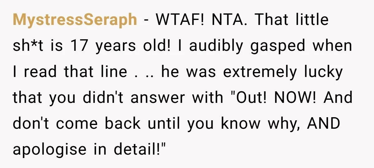 MystressSeraph − WTAF! NTA. That little sh*t is 17 years old! I audibly gasped when I read that line . .. he was extremely lucky that you didn't answer with...