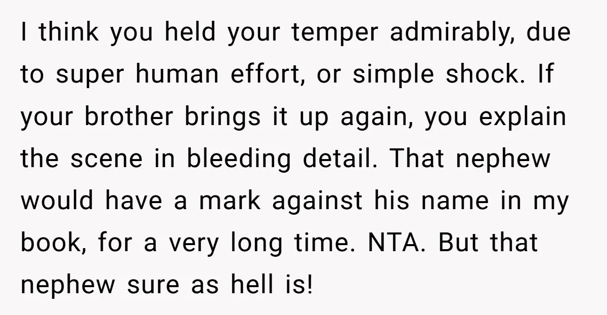 I think you held your temper admirably, due to super human effort, or simple shock. If your brother brings it up again, you explain the scene in bleeding detail. That...