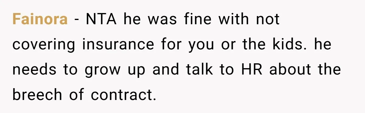 Fainora − NTA he was fine with not covering insurance for you or the kids. he needs to grow up and talk to HR about the breech of contract.